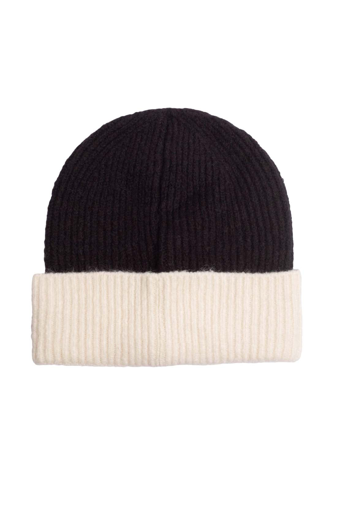Men's ribbed knit colorblock beanie with adjustable cuff and prominent front logo patch