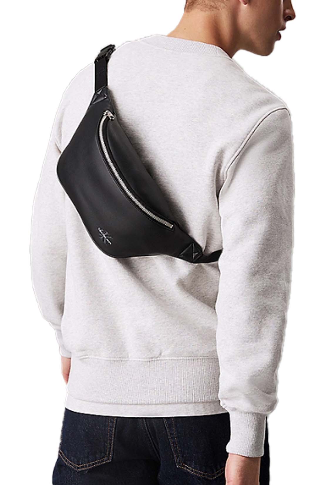 Mens black faux-leather bum bag with adjustable shoulder strap and front embossed logo detailing — view 2