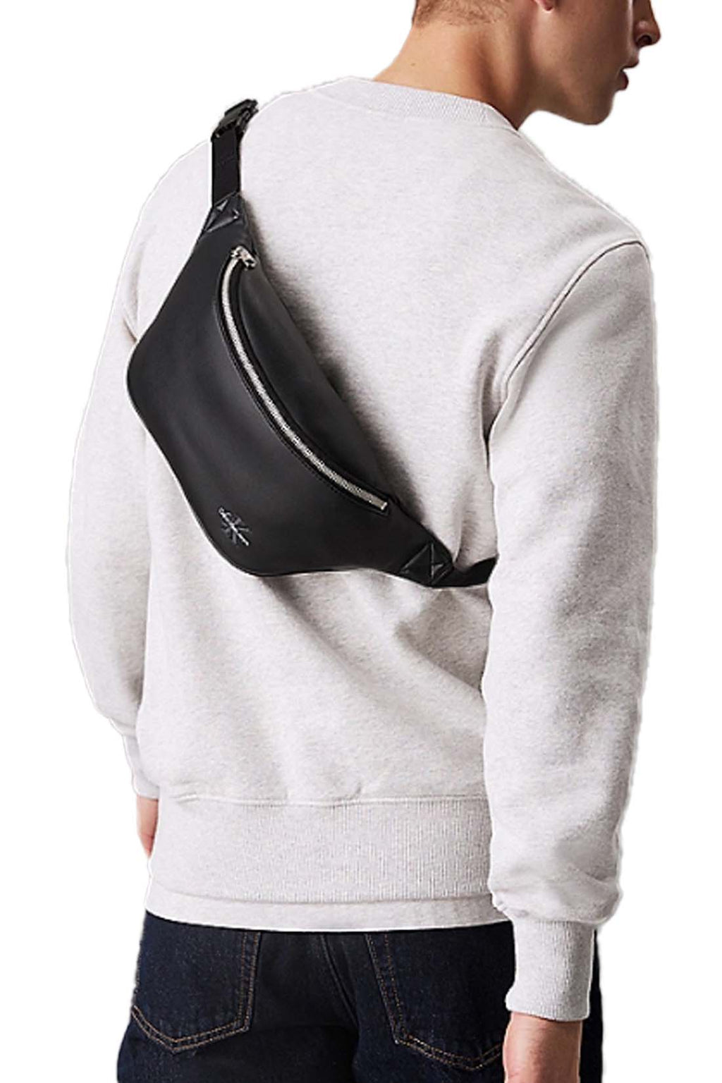 Mens black faux-leather bum bag with adjustable shoulder strap and front embossed logo detailing — view 5