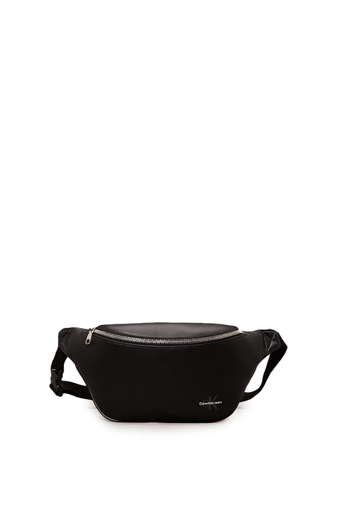 Mens black faux-leather bum bag with adjustable shoulder strap and front embossed logo detailing — view 3