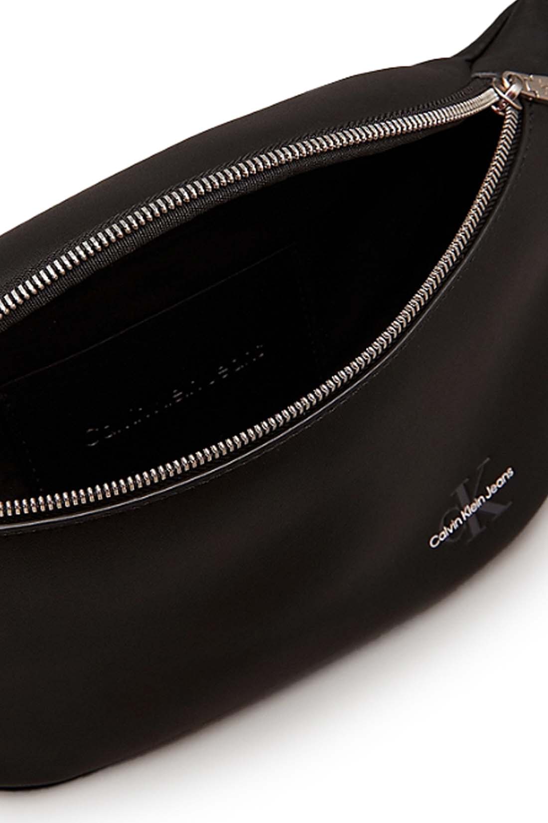Mens black faux-leather bum bag with adjustable shoulder strap and front embossed logo detailing