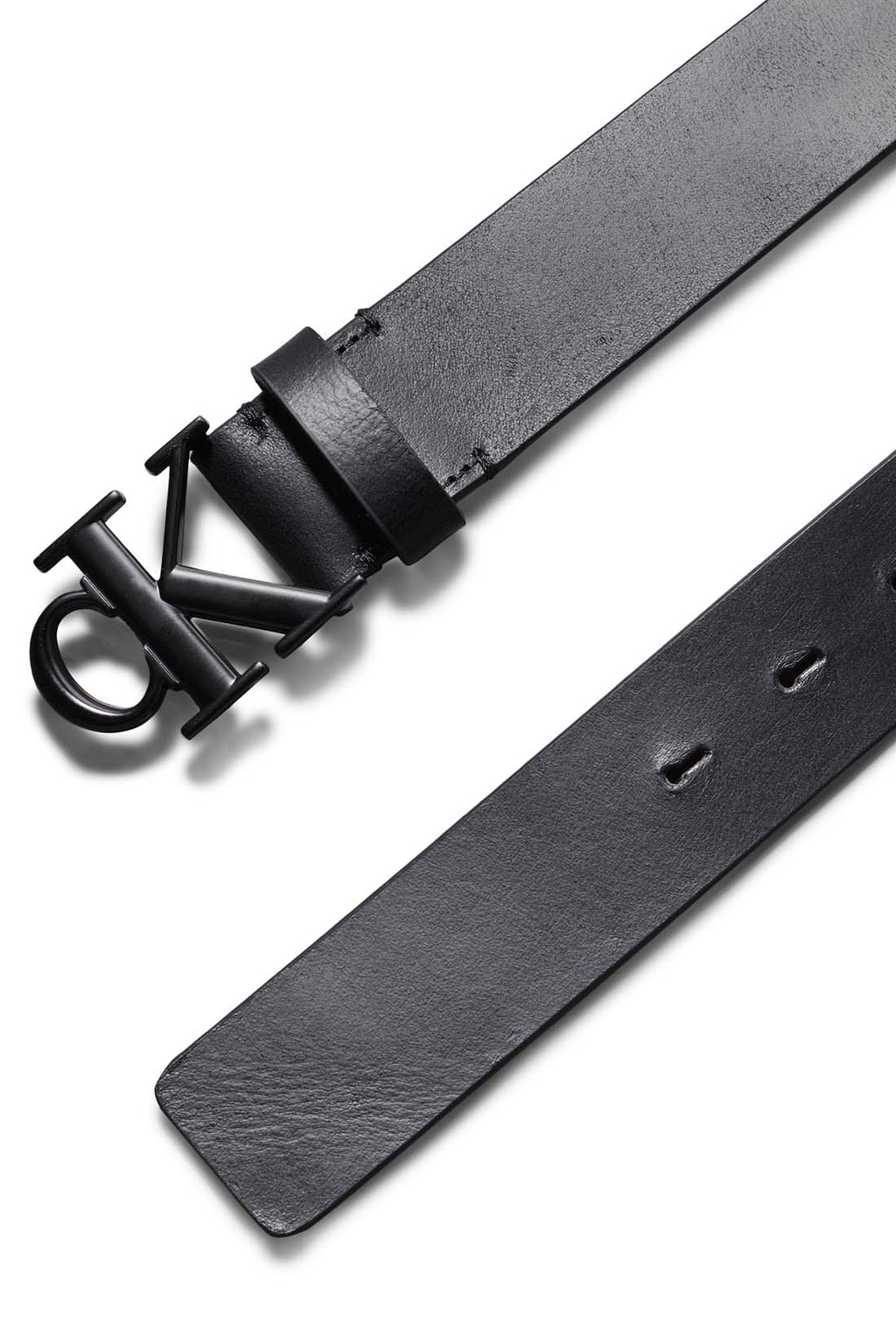 Black full grain leather men's belt with Calvin Klein silver monogram buckle — view 5