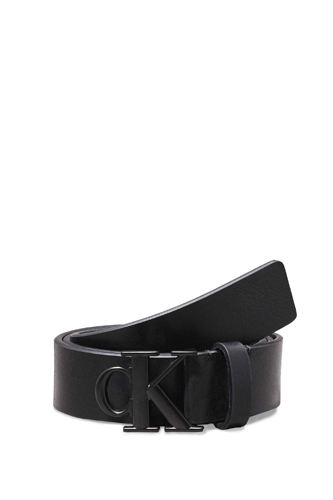 Black full grain leather men's belt with Calvin Klein silver monogram buckle — view 3