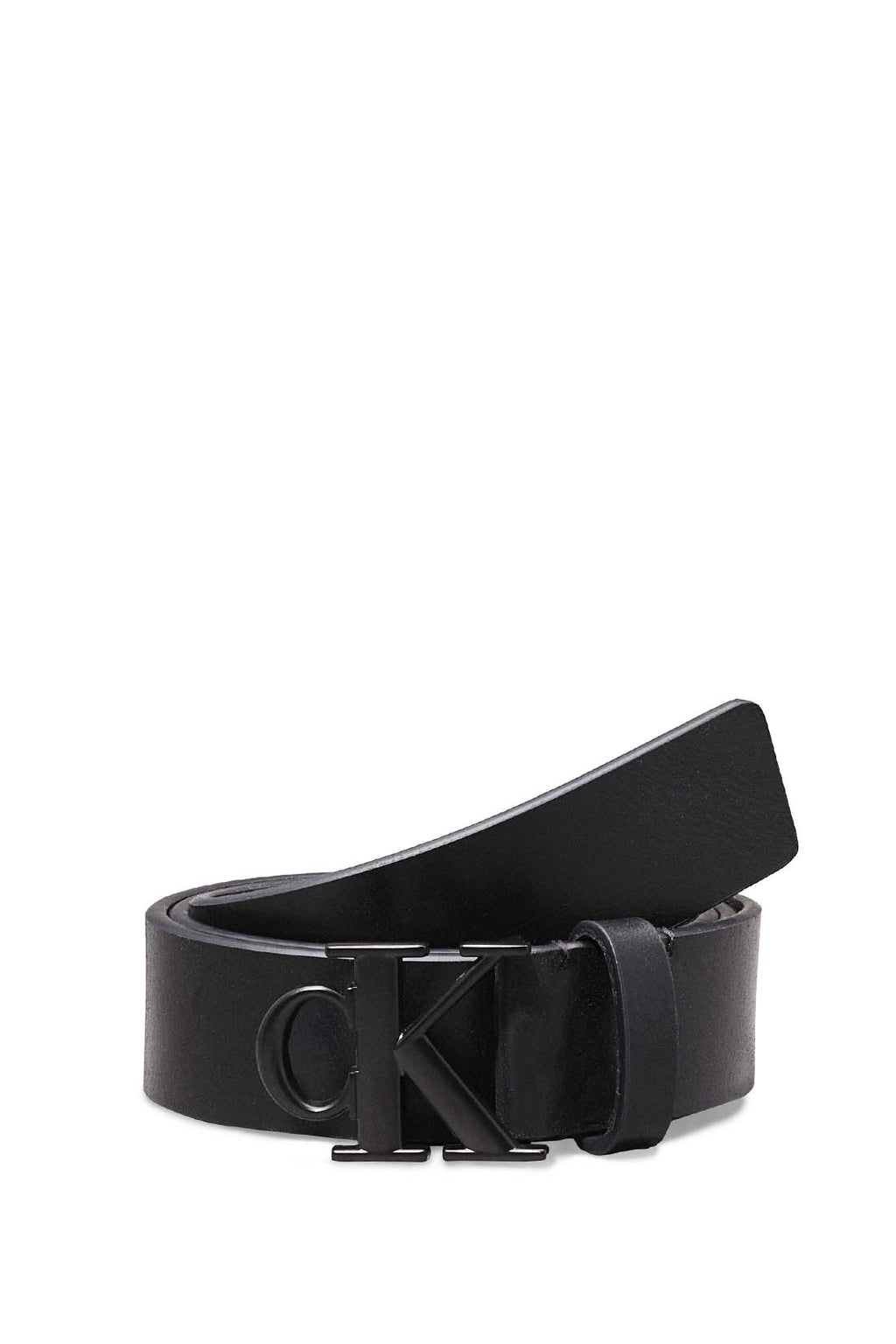 Black full grain leather men's belt with Calvin Klein silver monogram buckle — view 9