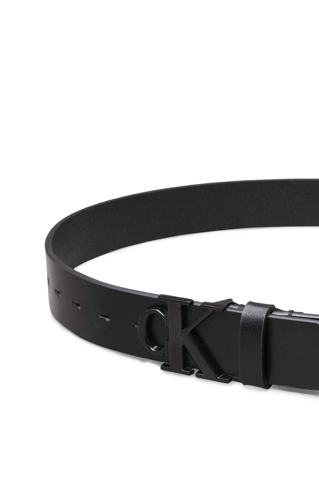 Black full grain leather men's belt with Calvin Klein silver monogram buckle — view 4