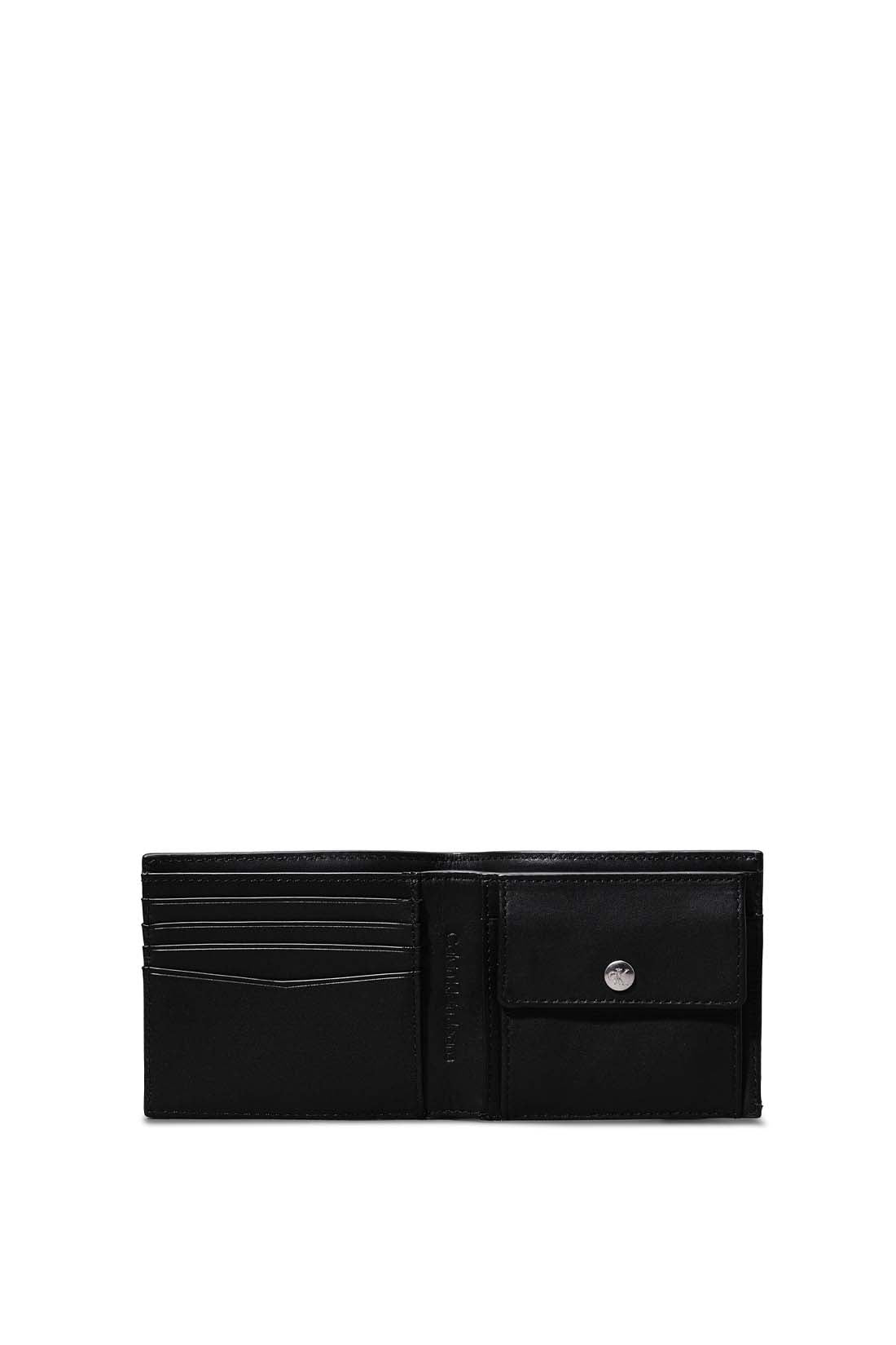 Men's black leather bifold wallet with embossed logo, multiple card slots, and snap button coin pocket — view 6