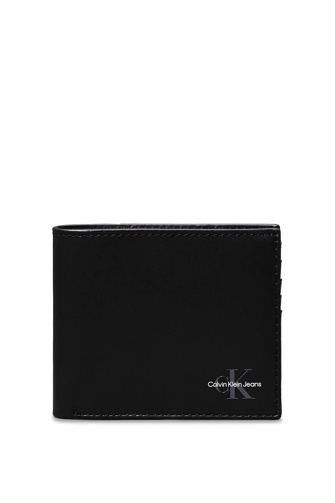 Men's black leather bifold wallet with embossed logo, multiple card slots, and snap button coin pocket — view 4