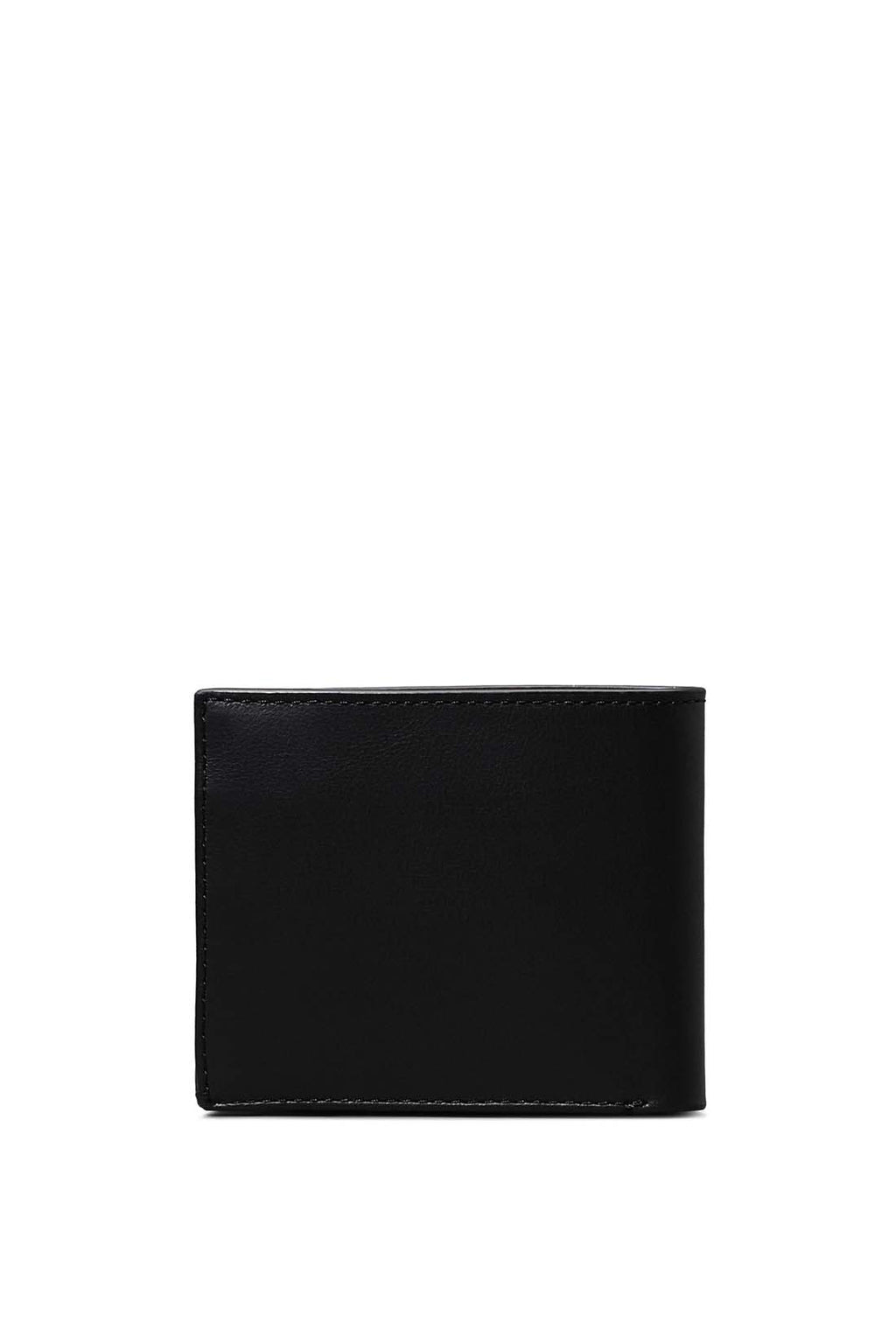 Men's black leather bifold wallet with embossed logo, multiple card slots, and snap button coin pocket — view 3