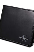 Men's black leather bifold wallet with embossed logo, multiple card slots, and snap button coin pocket