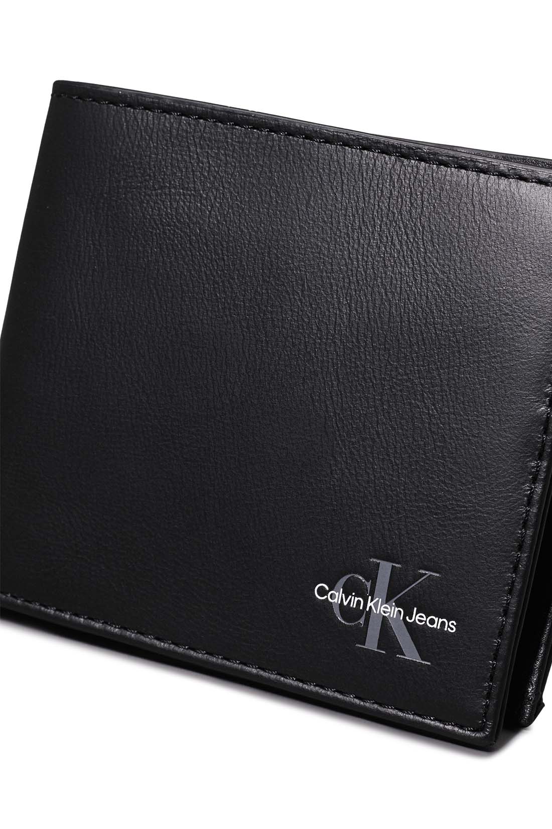 Men's black leather bifold wallet with embossed logo, multiple card slots, and snap button coin pocket — view 5