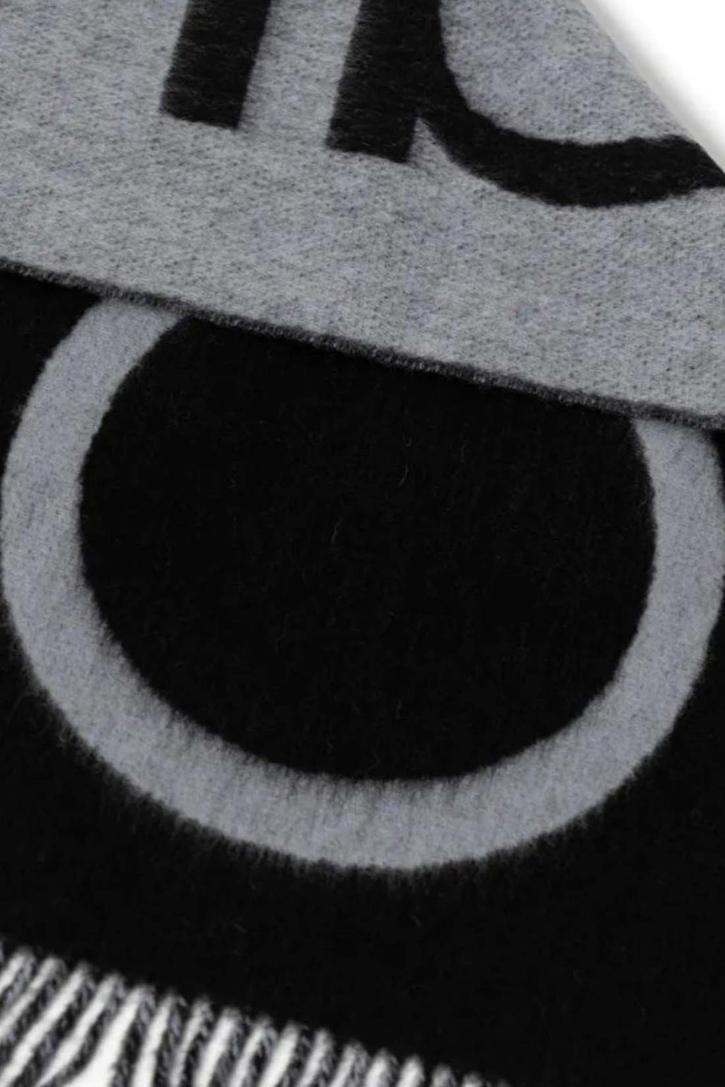 Men's black wool scarf with classic fringes and subtly integrated designer logo inlay — view 2