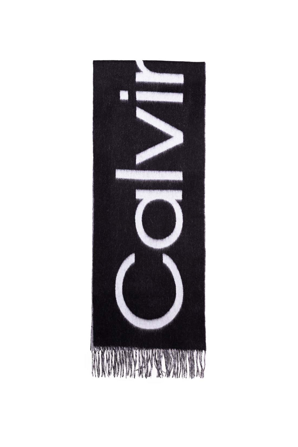 Men's black wool scarf with classic fringes and subtly integrated designer logo inlay — view 4