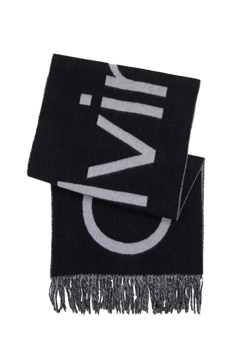 Men's black wool scarf with classic fringes and subtly integrated designer logo inlay — view 7