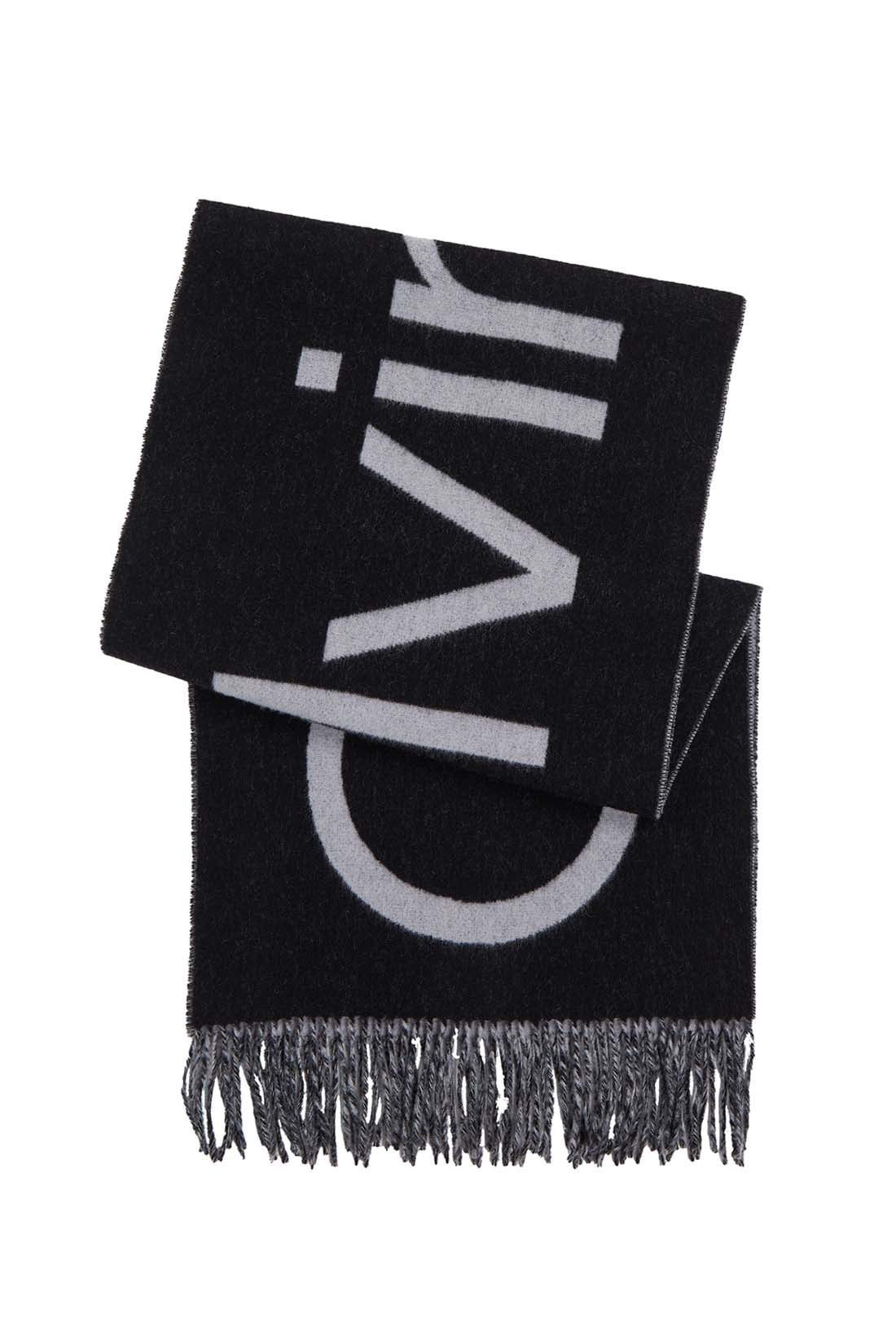 Men's black wool scarf with classic fringes and subtly integrated designer logo inlay — view 7