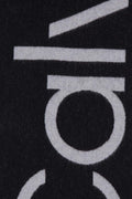 Men's black wool scarf with classic fringes and subtly integrated designer logo inlay