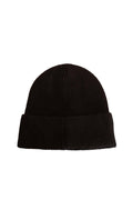 Men's black ribbed knit beanie with folded cuff and front designer logo patch.