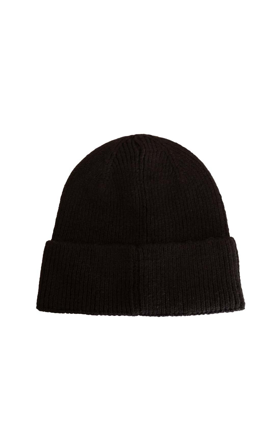 Men's black ribbed knit beanie with folded cuff and front designer logo patch.