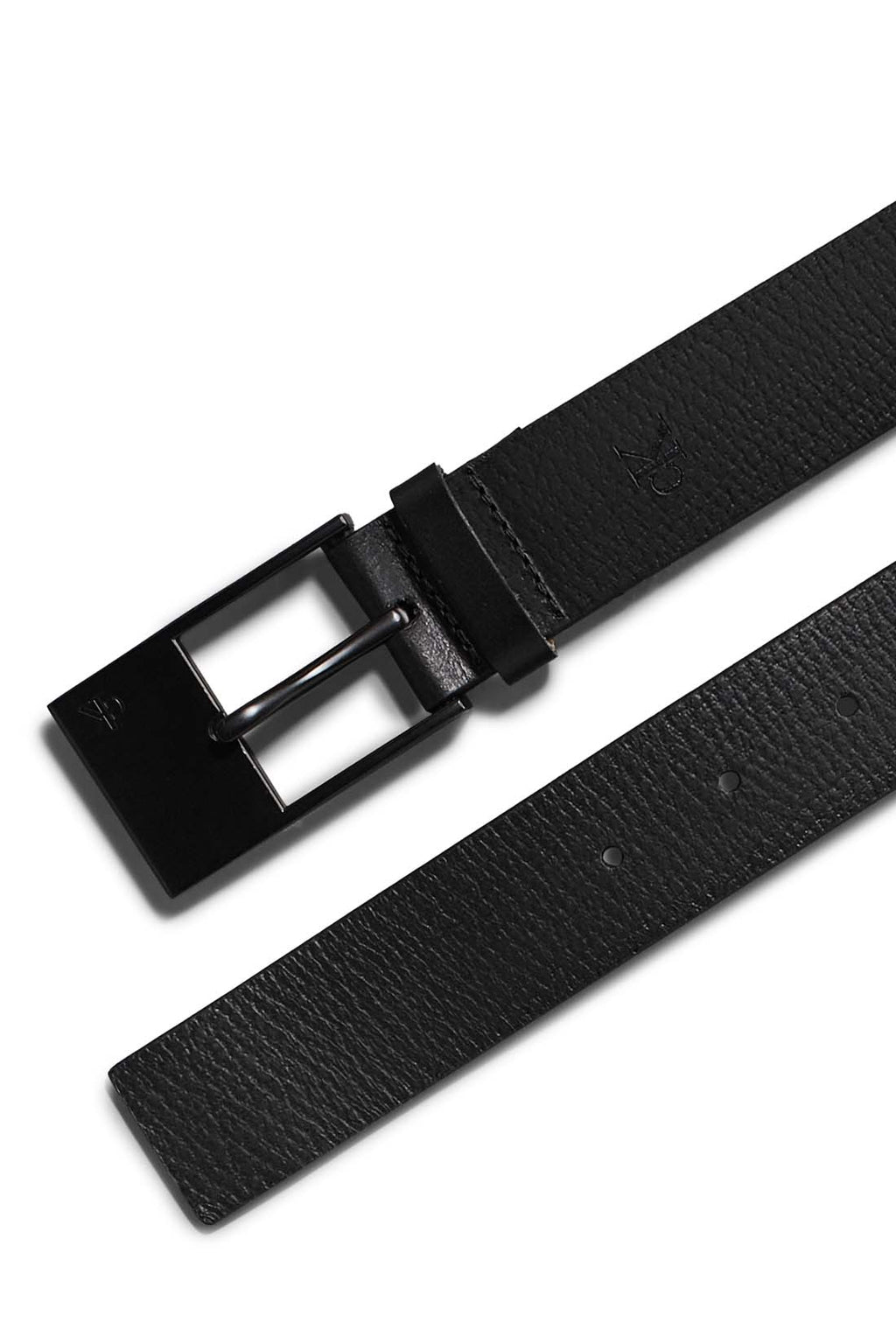 Men's black hammered leather belt with silver square buckle and embossed monogram detailing — view 5