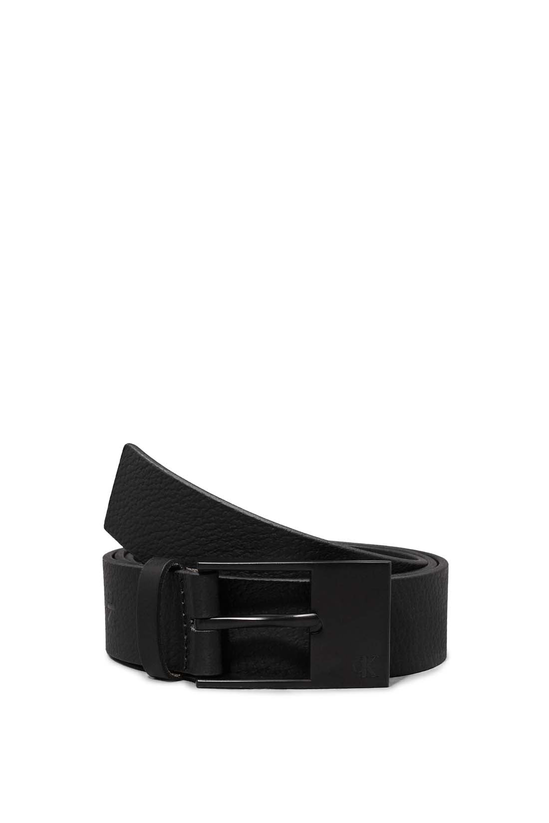Men's black hammered leather belt with silver square buckle and embossed monogram detailing — view 6