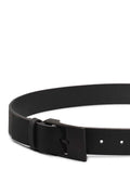 Men's black hammered leather belt with silver square buckle and embossed monogram detailing