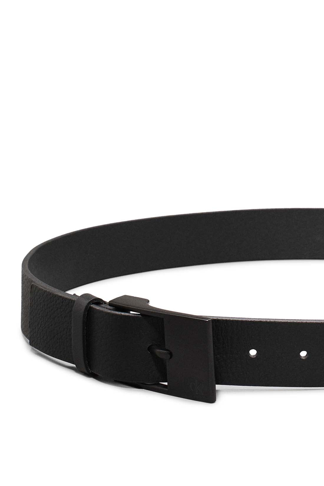 Men's black hammered leather belt with silver square buckle and embossed monogram detailing — view 4
