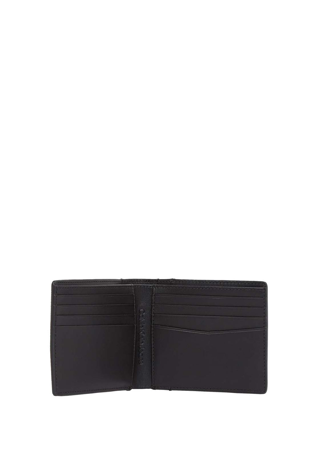 Men's bifold wallet in grained black leather with interior compartments and signature embossed monogram logo. — view 6