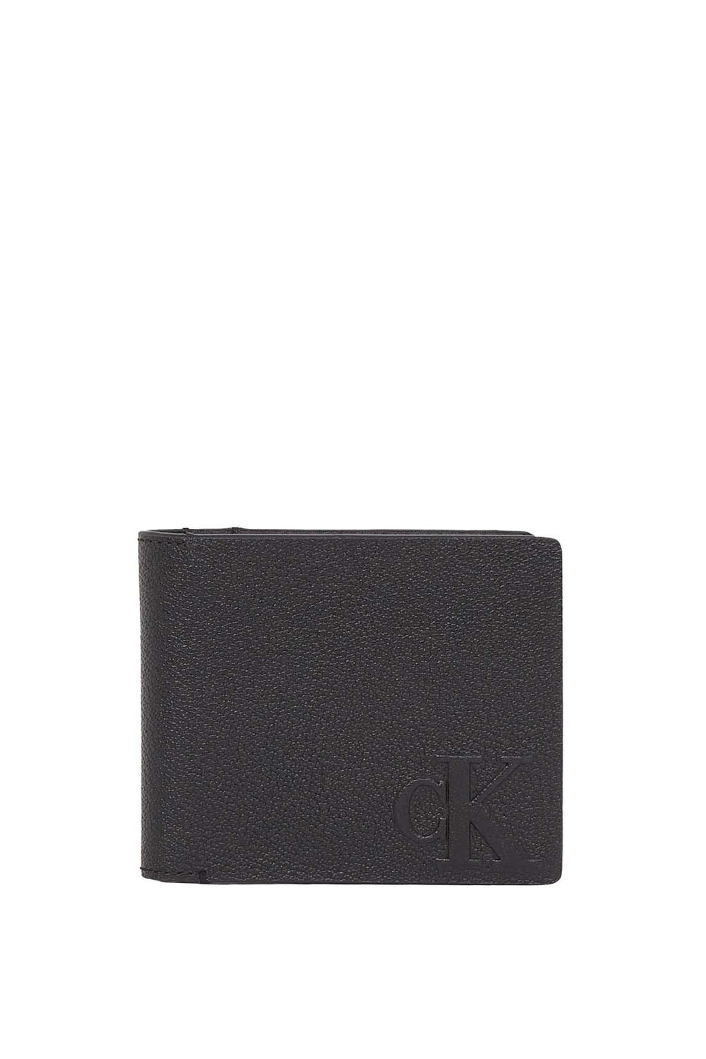 Men's bifold wallet in grained black leather with interior compartments and signature embossed monogram logo. — view 8