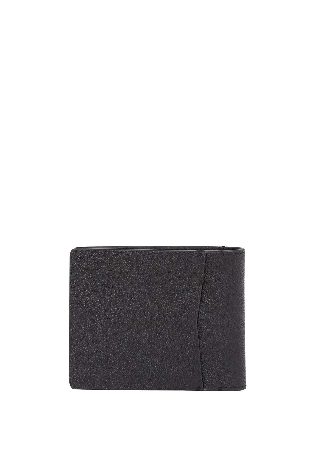 Men's bifold wallet in grained black leather with interior compartments and signature embossed monogram logo. — view 3