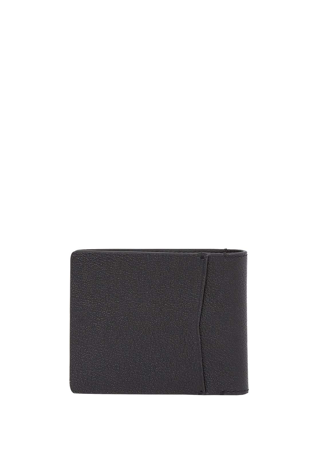 Men's bifold wallet in grained black leather with interior compartments and signature embossed monogram logo. — view 7