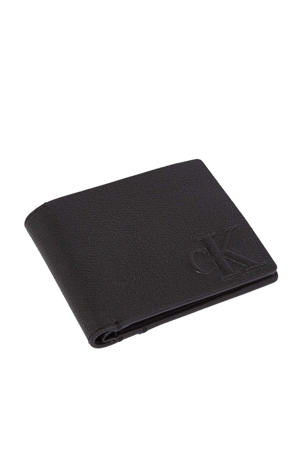 Men's bifold wallet in grained black leather with interior compartments and signature embossed monogram logo. — view 5