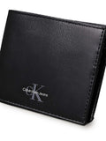 Men's black leather RFID wallet with bifold opening coin pocket and embossed designer logo