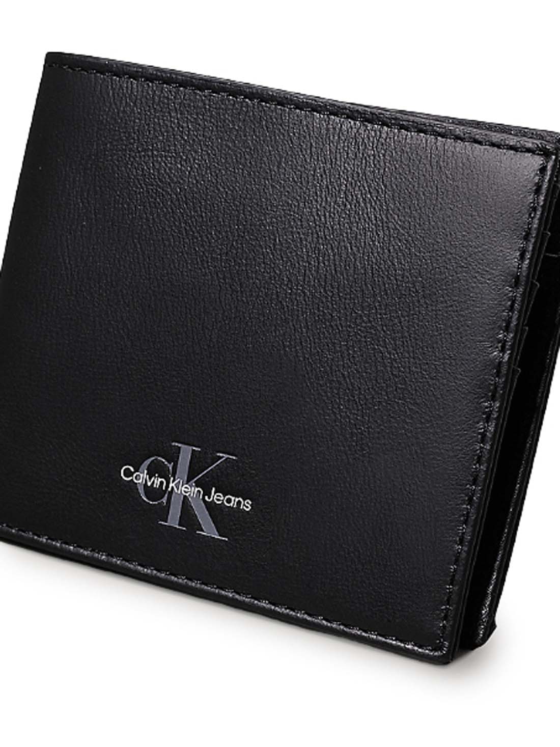 Men's black leather RFID wallet with bifold opening coin pocket and embossed designer logo — view 5