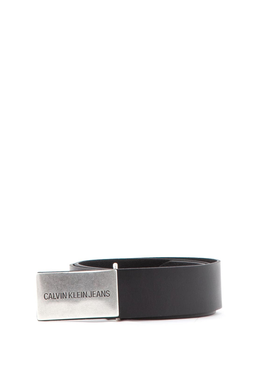 Women's black genuine leather belt featuring a silver metal logo plaque and snap closure. — view 3