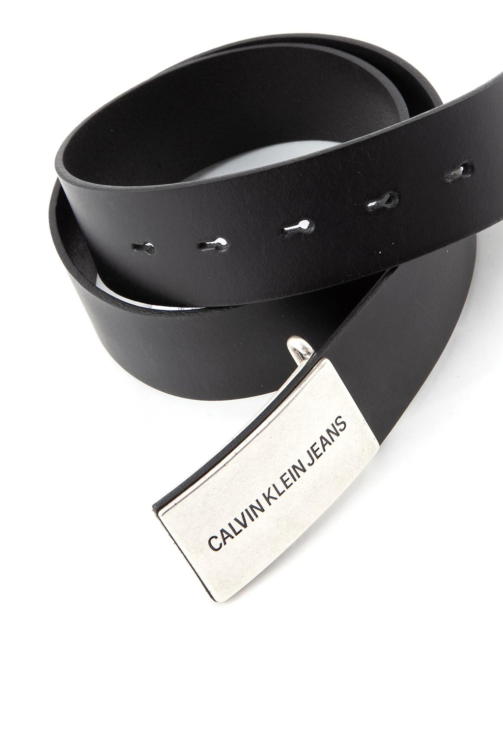 Women's black genuine leather belt featuring a silver metal logo plaque and snap closure. — view 2