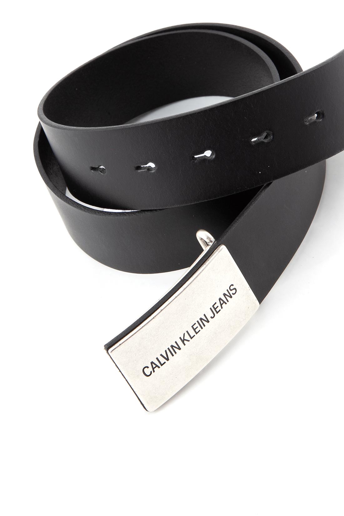 Women's black genuine leather belt featuring a silver metal logo plaque and snap closure. — view 7