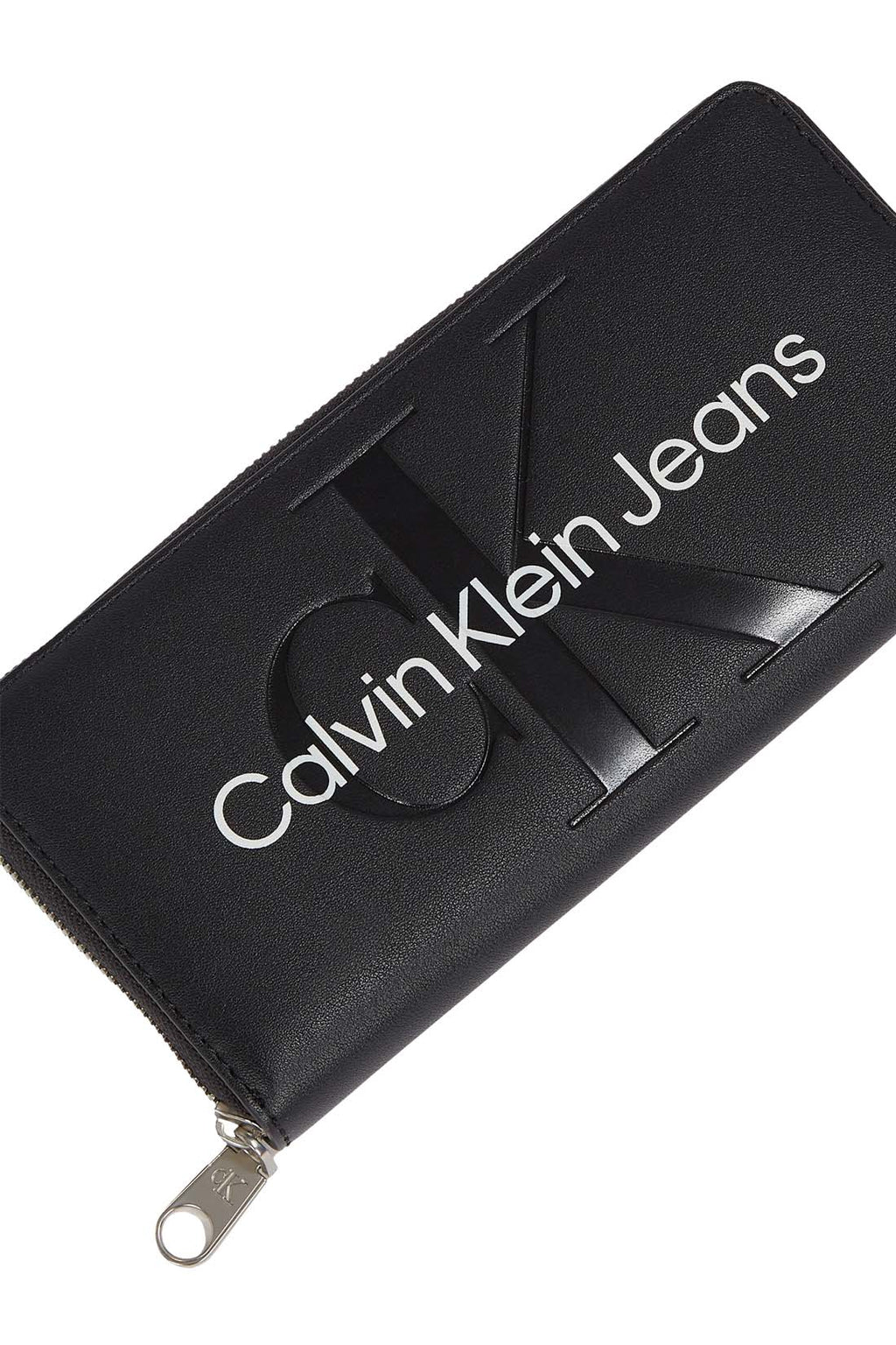 Women's zip-around wallet in smooth black faux-leather with Calvin Klein linear logo — view 5