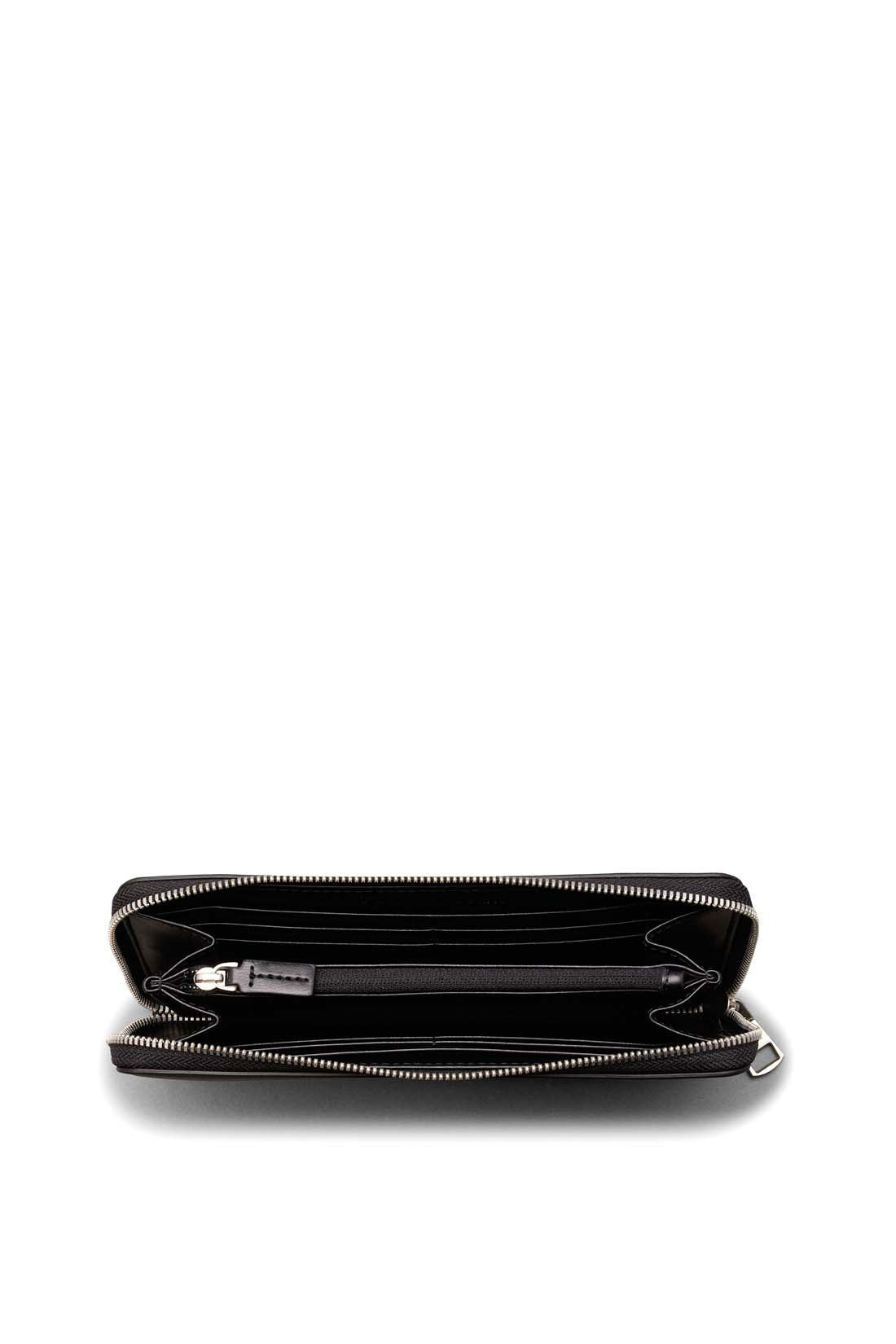 Black faux leather women's zip wallet with linear logo, smooth finish, and multiple compartments. — view 2