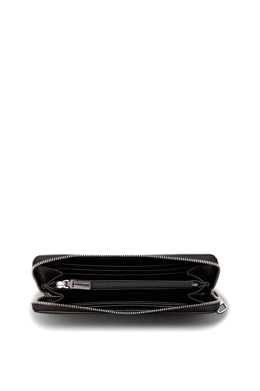 Black faux leather women's zip wallet with linear logo, smooth finish, and multiple compartments. — view 6