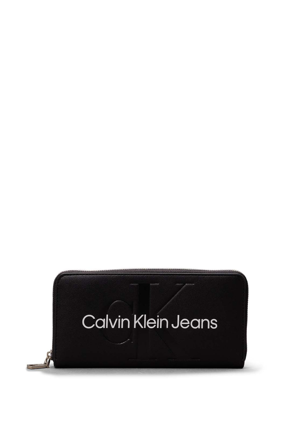 Black faux leather women's zip wallet with linear logo, smooth finish, and multiple compartments. — view 8