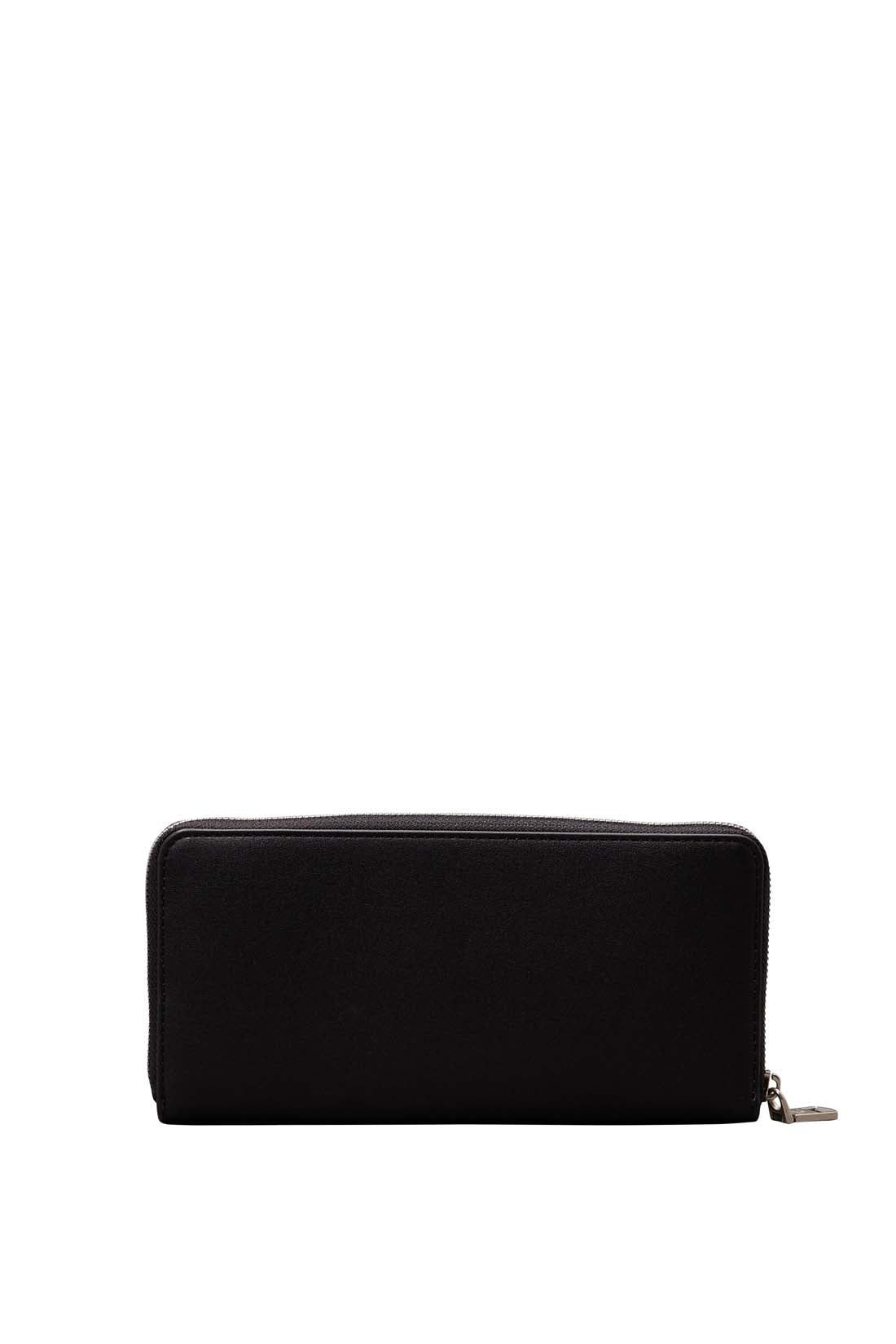 Black faux leather women's zip wallet with linear logo, smooth finish, and multiple compartments. — view 7