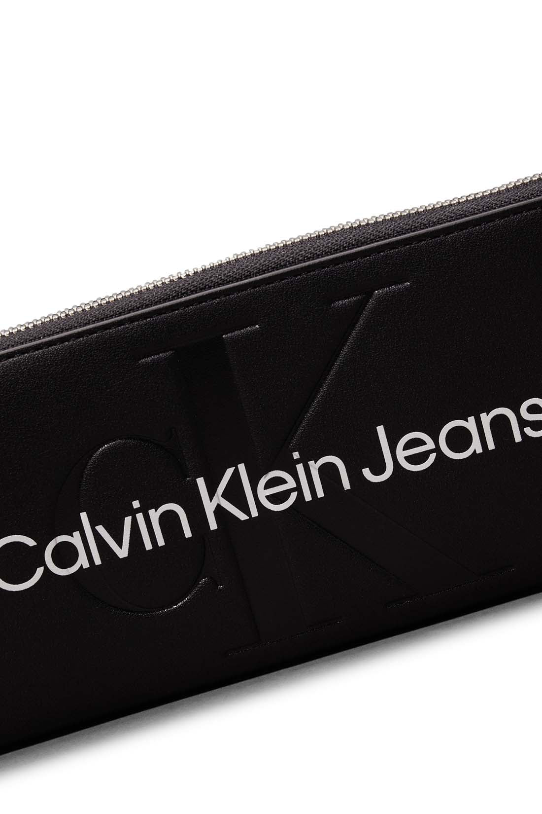 Black faux leather women's zip wallet with linear logo, smooth finish, and multiple compartments.