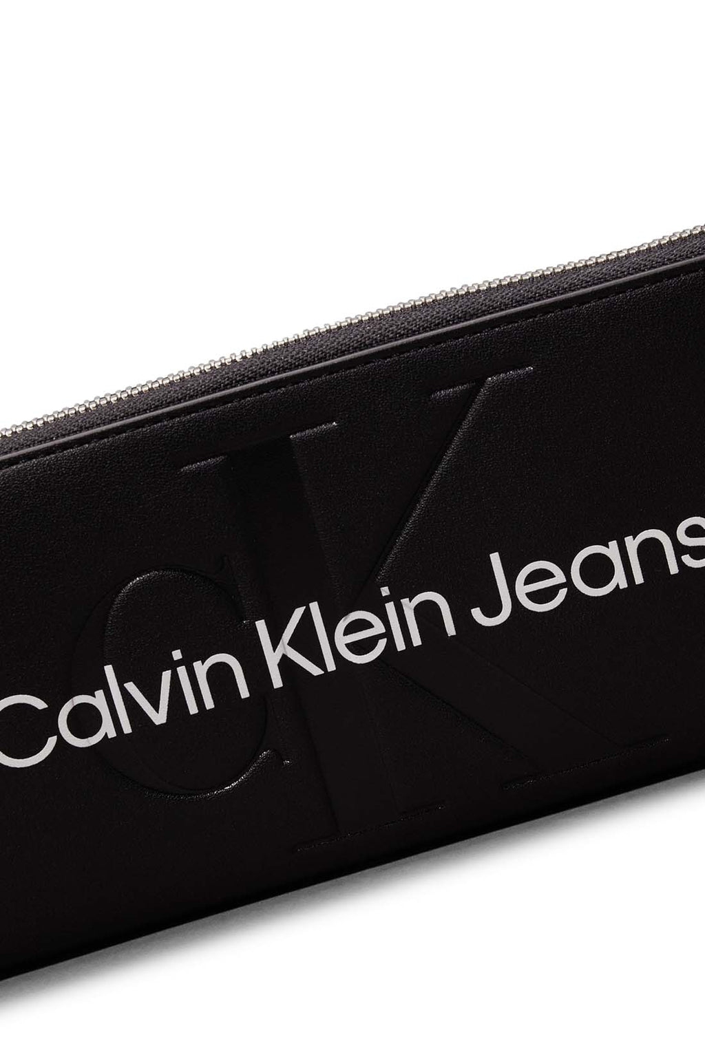 Black faux leather women's zip wallet with linear logo, smooth finish, and multiple compartments. — view 5