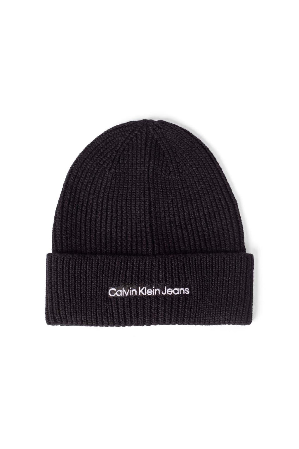 Women's black ribbed wool blend beanie with front embroidered logo and turn-up cuff — view 6