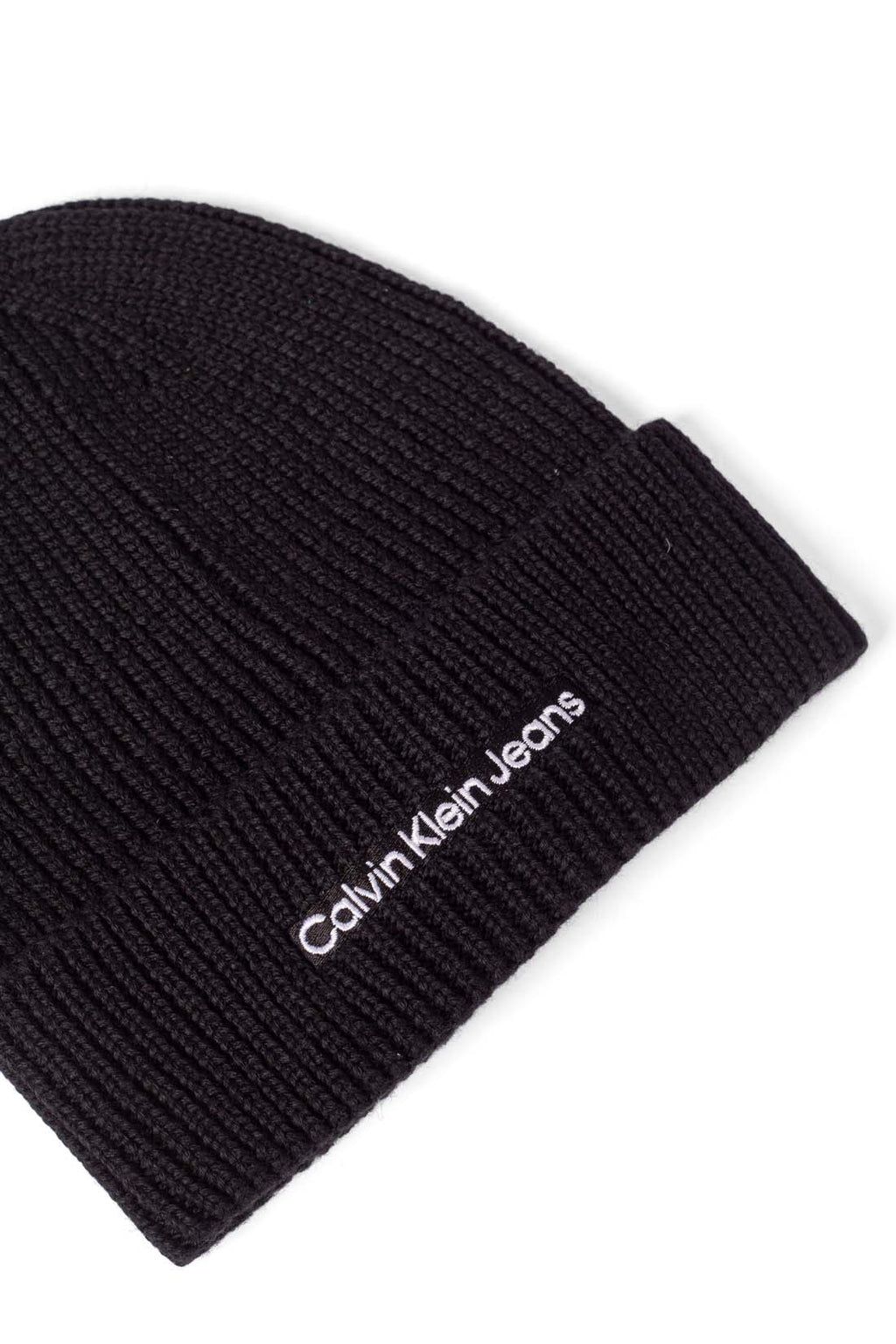 Women's black ribbed wool blend beanie with front embroidered logo and turn-up cuff — view 2