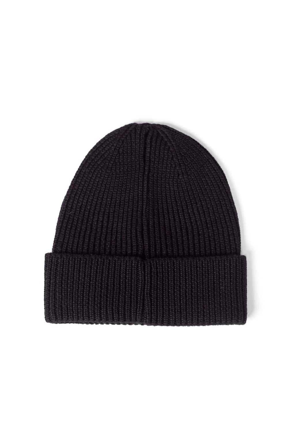 Women's black ribbed wool blend beanie with front embroidered logo and turn-up cuff
