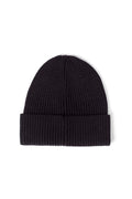 Women's black ribbed wool blend beanie with front embroidered logo and turn-up cuff
