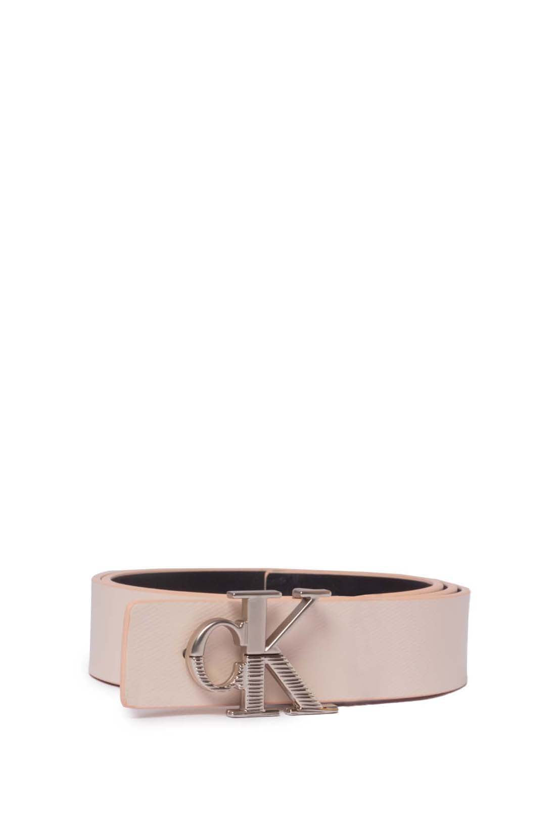 Women's pink genuine leather designer belt featuring a silver metal monogram plaquette and square finish. — view 9