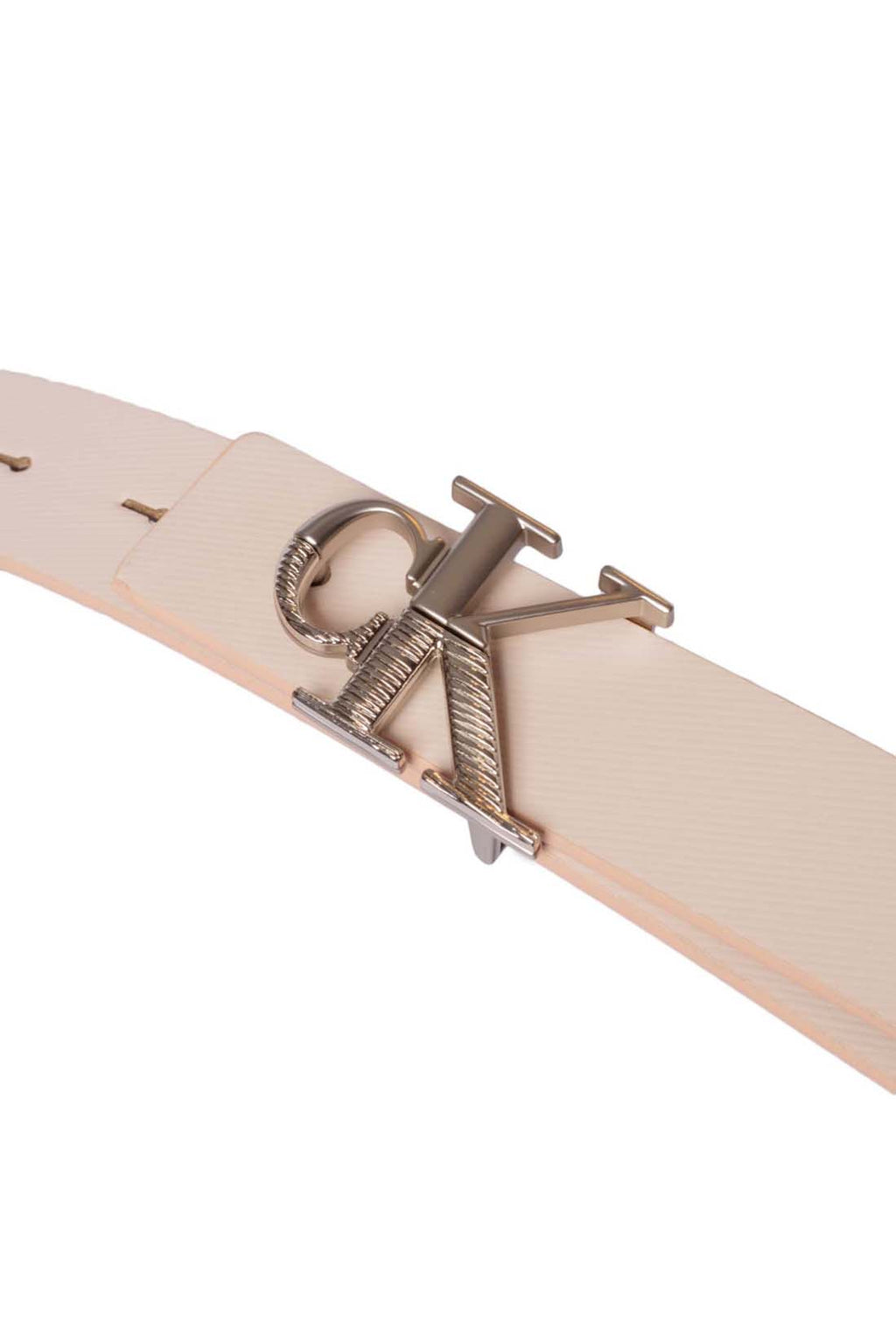 Women's pink genuine leather designer belt featuring a silver metal monogram plaquette and square finish. — view 8