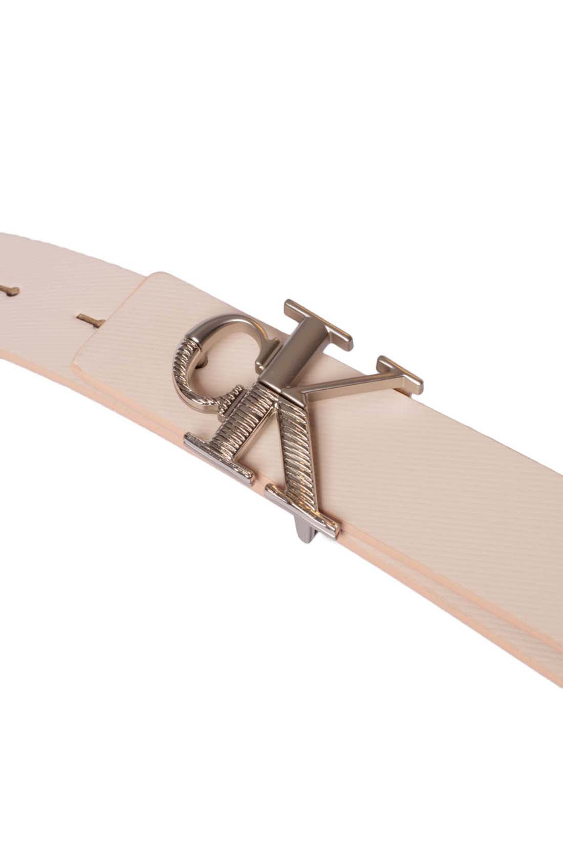 Women's pink genuine leather designer belt featuring a silver metal monogram plaquette and square finish. — view 11