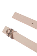 Women's pink genuine leather designer belt featuring a silver metal monogram plaquette and square finish.